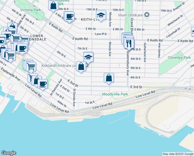 map of restaurants, bars, coffee shops, grocery stores, and more near in North Vancouver