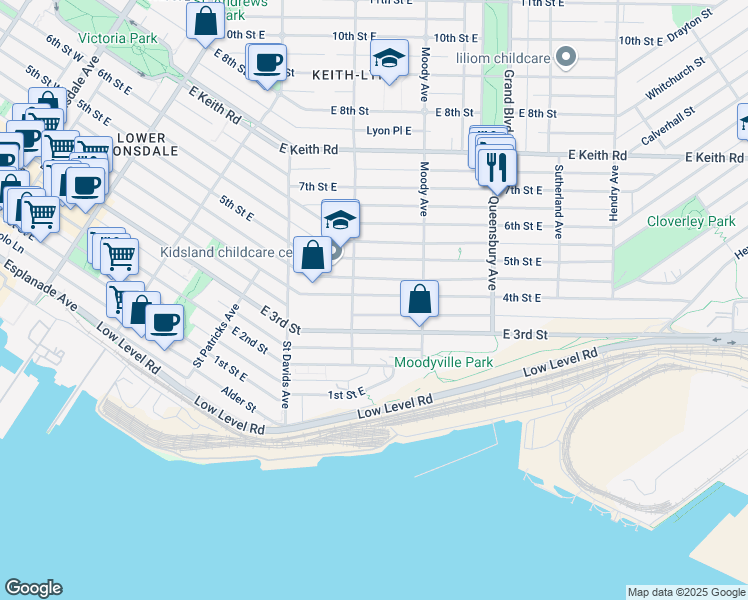 map of restaurants, bars, coffee shops, grocery stores, and more near 518 4th Street East in North Vancouver