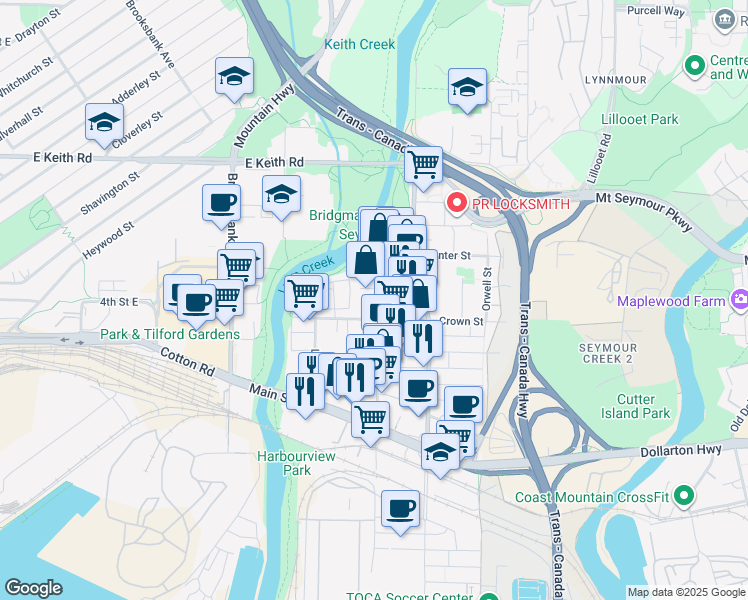 map of restaurants, bars, coffee shops, grocery stores, and more near 1407 Charlotte Road in North Vancouver
