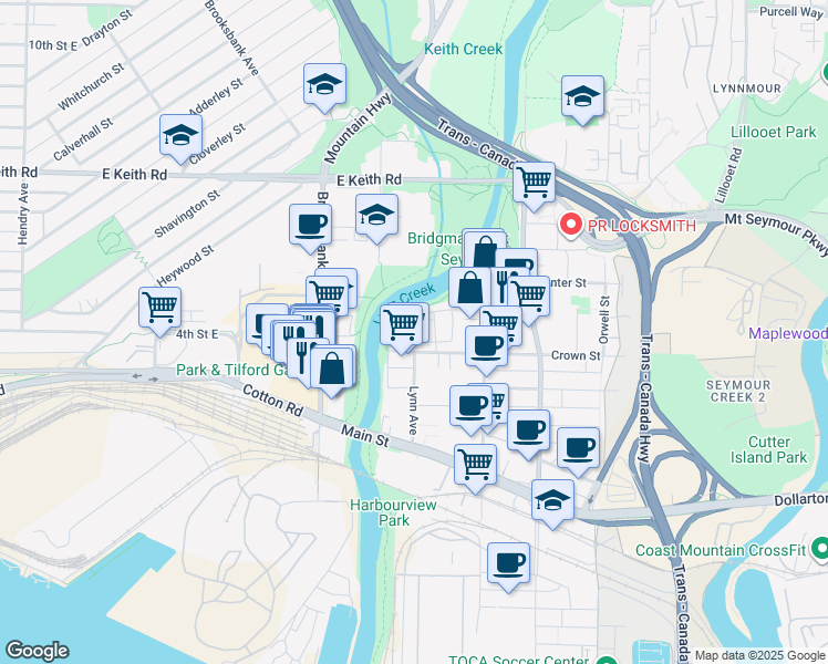 map of restaurants, bars, coffee shops, grocery stores, and more near 1370 Crown Street in North Vancouver