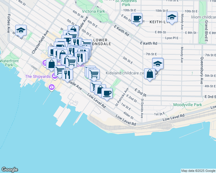 map of restaurants, bars, coffee shops, grocery stores, and more near 321 2nd Street East in North Vancouver