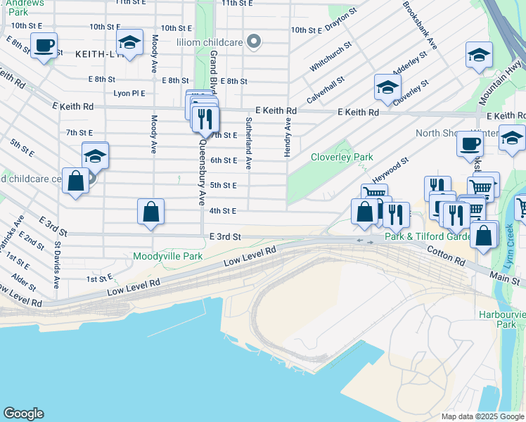 map of restaurants, bars, coffee shops, grocery stores, and more near 824 4th Street East in North Vancouver