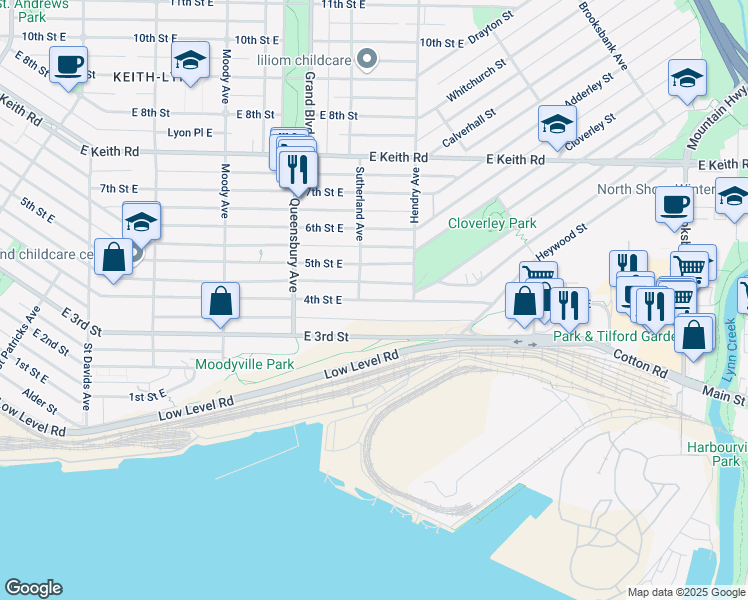 map of restaurants, bars, coffee shops, grocery stores, and more near 820 4th Street East in North Vancouver