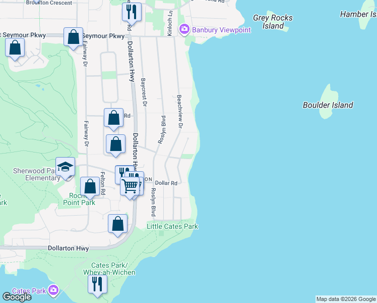map of restaurants, bars, coffee shops, grocery stores, and more near 614 Lowry Lane in North Vancouver