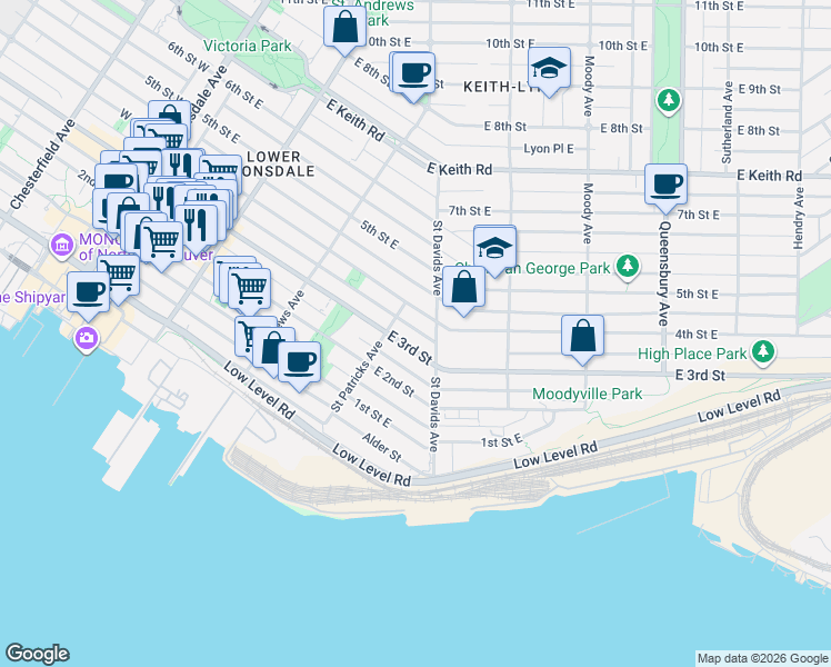 map of restaurants, bars, coffee shops, grocery stores, and more near 422 East 3rd Street in North Vancouver