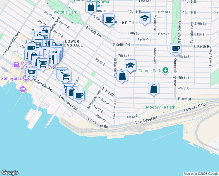 map of restaurants, bars, coffee shops, grocery stores, and more near 422 East 3rd Street in North Vancouver