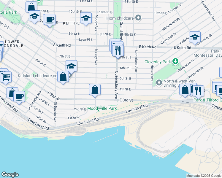 map of restaurants, bars, coffee shops, grocery stores, and more near 4th Street East in North Vancouver