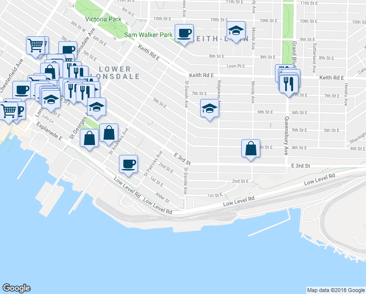 map of restaurants, bars, coffee shops, grocery stores, and more near 438 4th Street East in North Vancouver