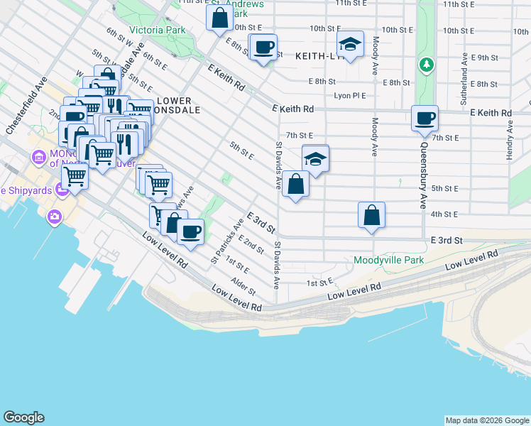 map of restaurants, bars, coffee shops, grocery stores, and more near in North Vancouver