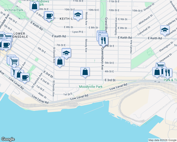 map of restaurants, bars, coffee shops, grocery stores, and more near 603 4th Street East in North Vancouver