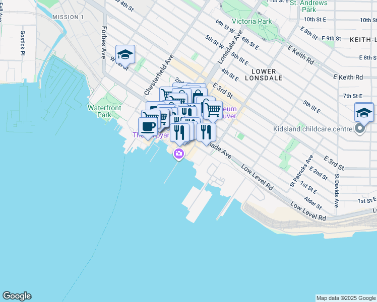 map of restaurants, bars, coffee shops, grocery stores, and more near 110 Wallace Mews in North Vancouver