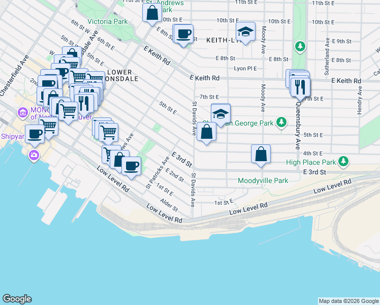 map of restaurants, bars, coffee shops, grocery stores, and more near 333 Saint Davids Avenue in North Vancouver