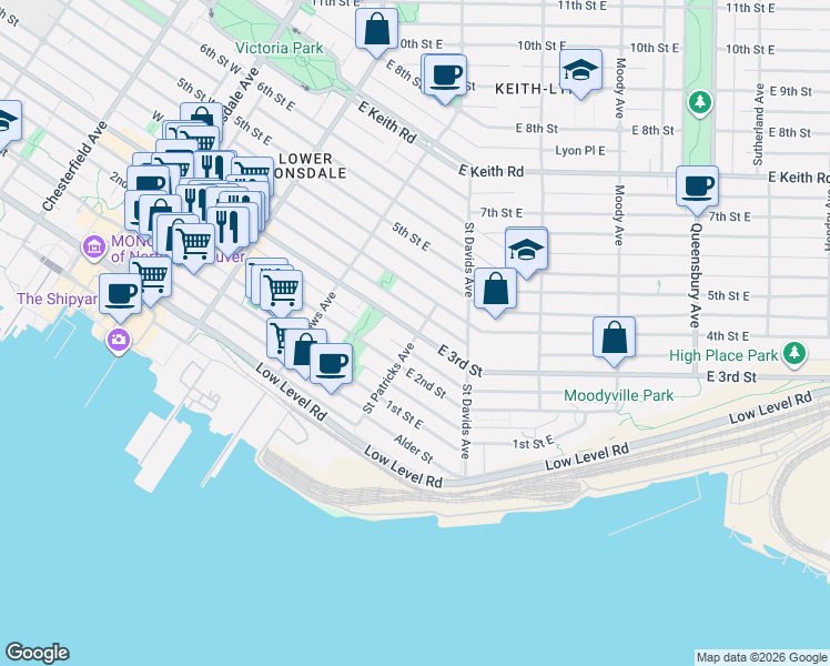 map of restaurants, bars, coffee shops, grocery stores, and more near 310 East 3rd Street in North Vancouver
