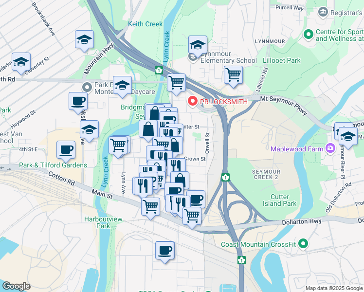 map of restaurants, bars, coffee shops, grocery stores, and more near 440 Mountain Highway in North Vancouver