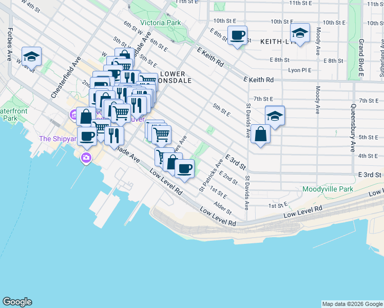 map of restaurants, bars, coffee shops, grocery stores, and more near 328 East 2nd Street in North Vancouver