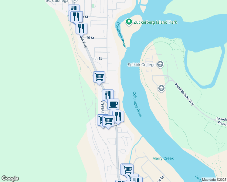 map of restaurants, bars, coffee shops, grocery stores, and more near 602 Christina Place in Castlegar