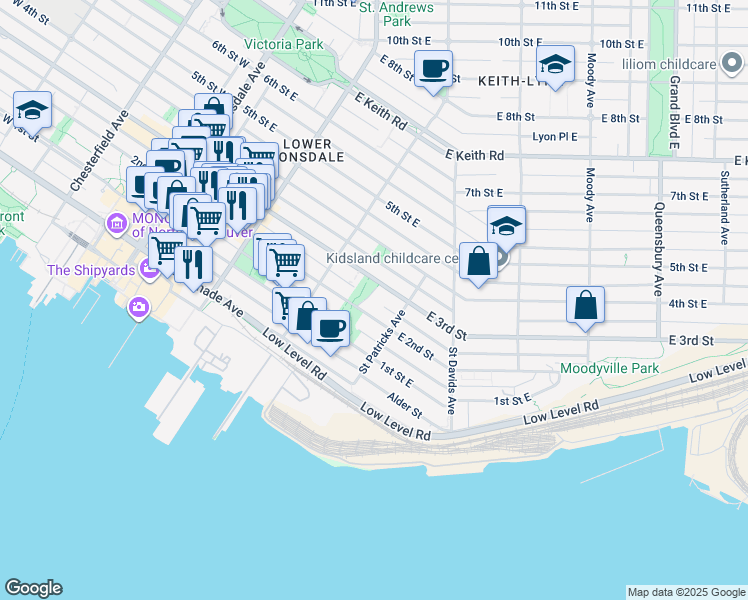 map of restaurants, bars, coffee shops, grocery stores, and more near in North Vancouver