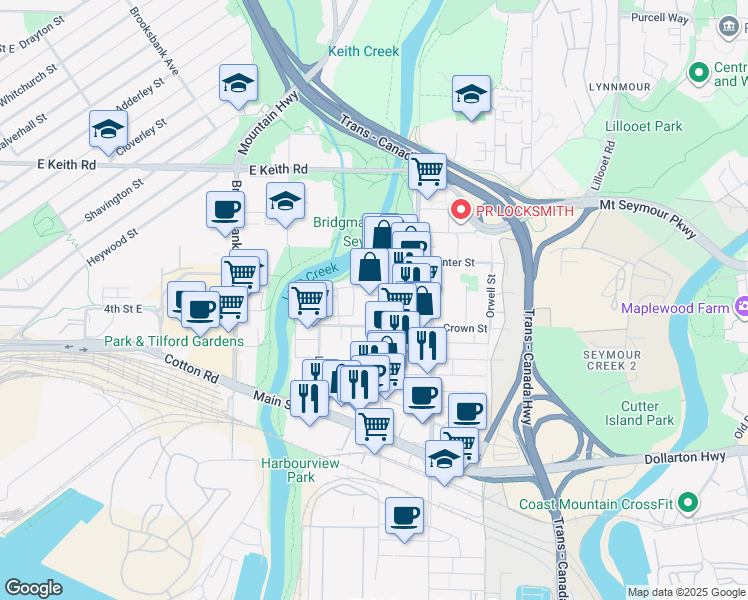 map of restaurants, bars, coffee shops, grocery stores, and more near 1407 Charlotte Road in North Vancouver