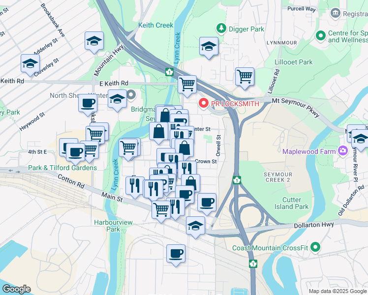 map of restaurants, bars, coffee shops, grocery stores, and more near in North Vancouver