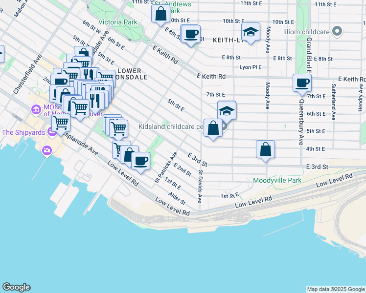 map of restaurants, bars, coffee shops, grocery stores, and more near in North Vancouver