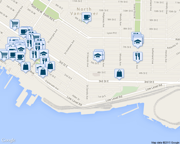 map of restaurants, bars, coffee shops, grocery stores, and more near 438 4th Street East in North Vancouver