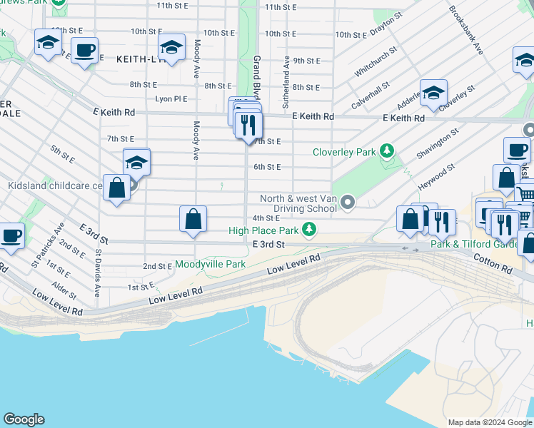 map of restaurants, bars, coffee shops, grocery stores, and more near 726 4th Street East in North Vancouver