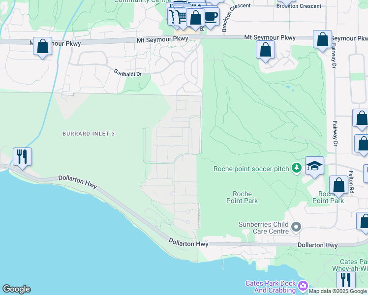 map of restaurants, bars, coffee shops, grocery stores, and more near 590 Lile Drive in Burrard Inlet 3