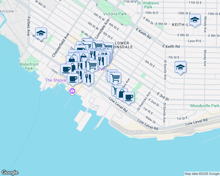 map of restaurants, bars, coffee shops, grocery stores, and more near in Vancouver