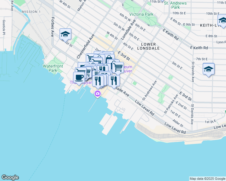 map of restaurants, bars, coffee shops, grocery stores, and more near 172 Victory Ship Way in North Vancouver