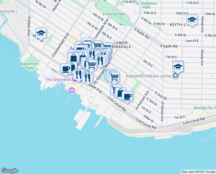 map of restaurants, bars, coffee shops, grocery stores, and more near in North Vancouver