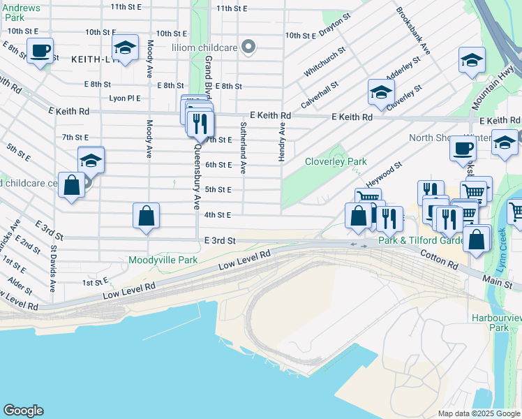 map of restaurants, bars, coffee shops, grocery stores, and more near 824 4th Street East in North Vancouver