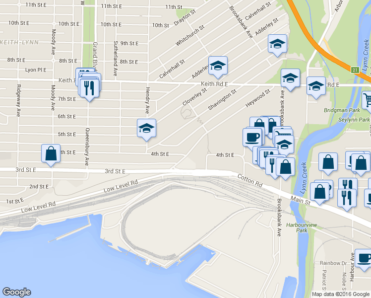 map of restaurants, bars, coffee shops, grocery stores, and more near 1034 Heywood Street in North Vancouver