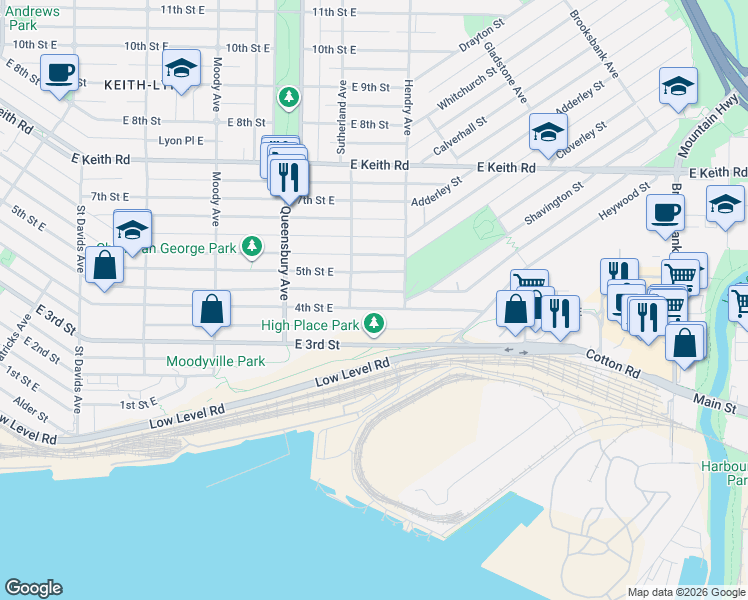 map of restaurants, bars, coffee shops, grocery stores, and more near 822 4th Street East in North Vancouver