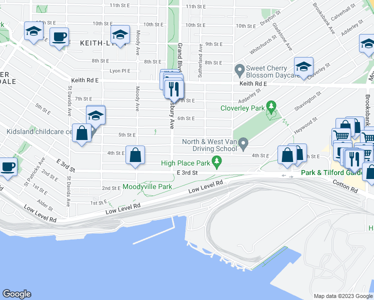 map of restaurants, bars, coffee shops, grocery stores, and more near 726 4th Street East in North Vancouver