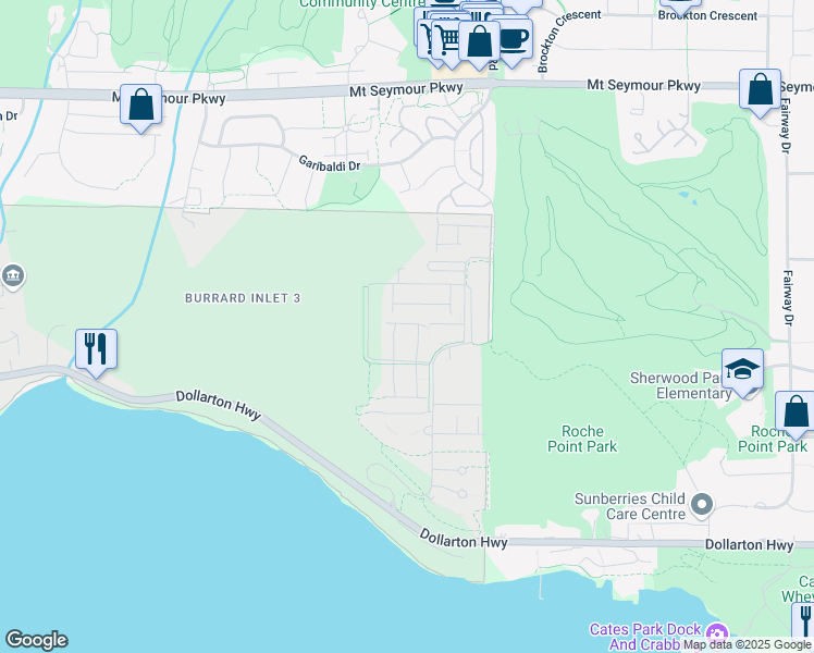 map of restaurants, bars, coffee shops, grocery stores, and more near 3596 Salal Drive in North Vancouver