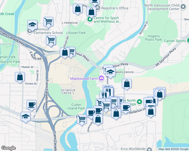 map of restaurants, bars, coffee shops, grocery stores, and more near 2059 Heritage Park Lane in North Vancouver