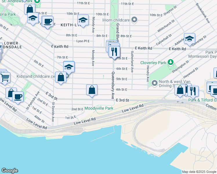 map of restaurants, bars, coffee shops, grocery stores, and more near 652 4th Street East in North Vancouver