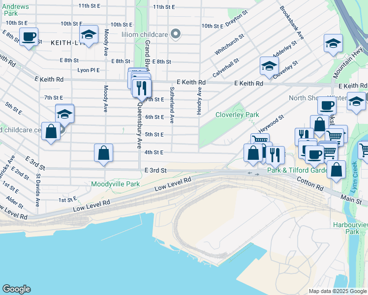map of restaurants, bars, coffee shops, grocery stores, and more near 822 4th Street East in North Vancouver