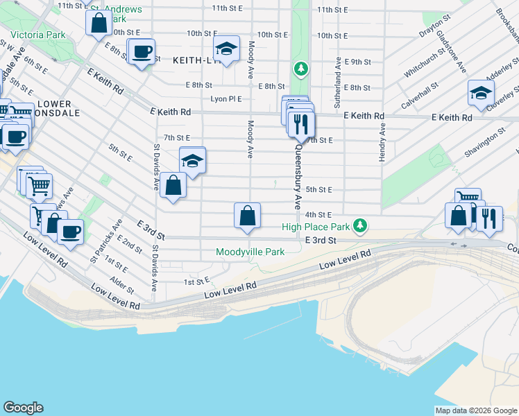 map of restaurants, bars, coffee shops, grocery stores, and more near 603 4th Street East in North Vancouver