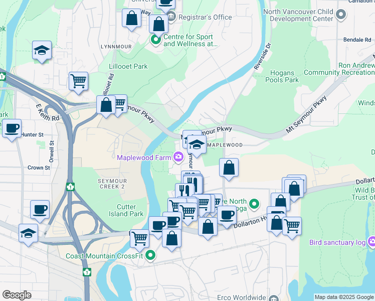 map of restaurants, bars, coffee shops, grocery stores, and more near 433 Seymour River Place in North Vancouver