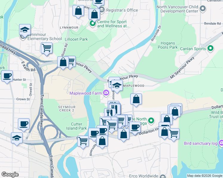 map of restaurants, bars, coffee shops, grocery stores, and more near 433 Seymour River Place in North Vancouver
