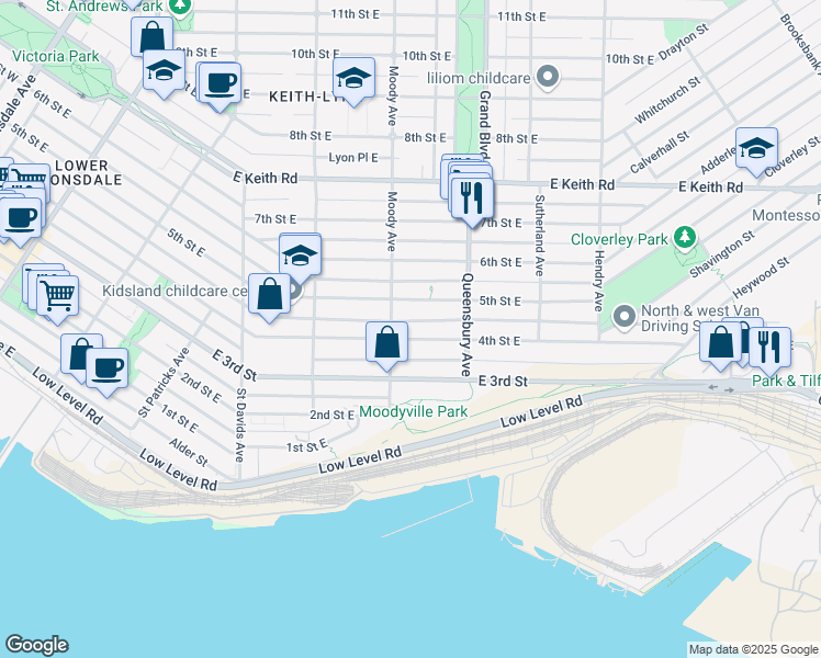 map of restaurants, bars, coffee shops, grocery stores, and more near 4th Street East in North Vancouver