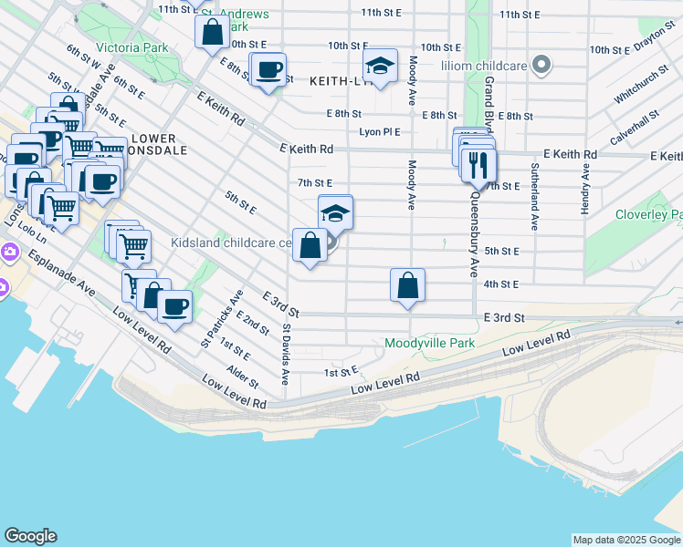 map of restaurants, bars, coffee shops, grocery stores, and more near 488 4th Street East in North Vancouver