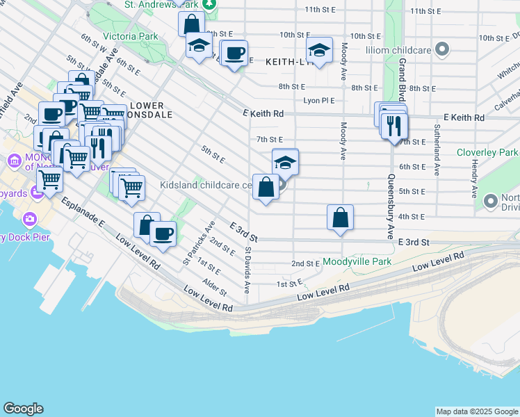 map of restaurants, bars, coffee shops, grocery stores, and more near 442 4th Street East in North Vancouver