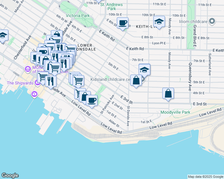 map of restaurants, bars, coffee shops, grocery stores, and more near in North Vancouver