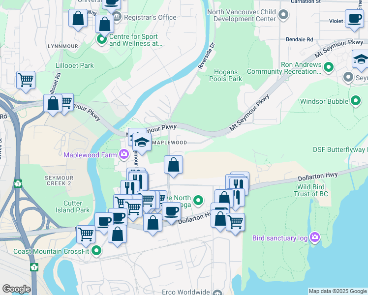 map of restaurants, bars, coffee shops, grocery stores, and more near 2239 Windridge Drive in North Vancouver