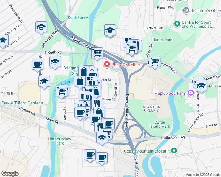 map of restaurants, bars, coffee shops, grocery stores, and more near 480 Marie Place in North Vancouver