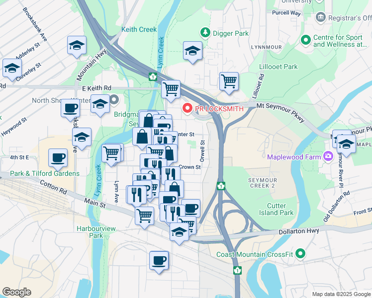 map of restaurants, bars, coffee shops, grocery stores, and more near 475 Marie Place in North Vancouver