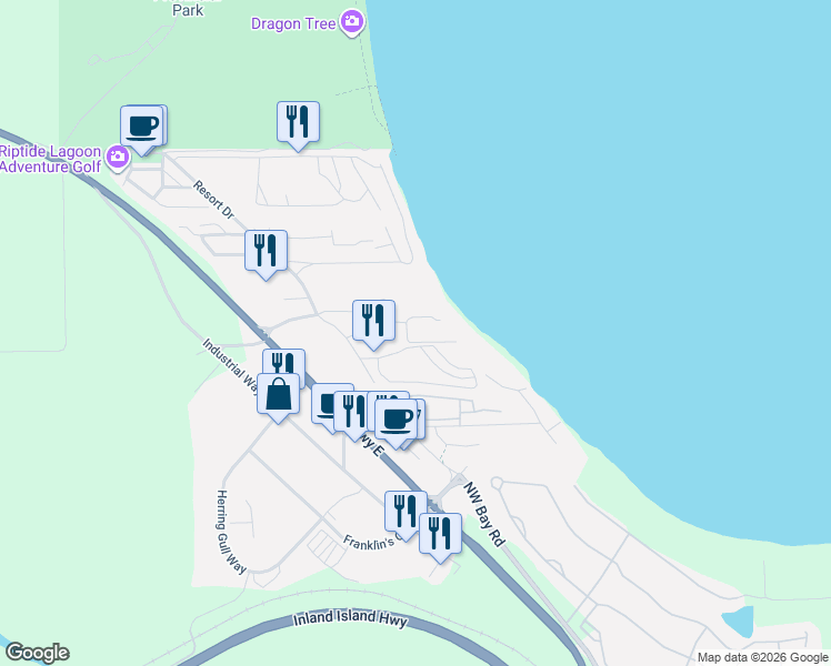 map of restaurants, bars, coffee shops, grocery stores, and more near 1165 Resort Drive in Parksville