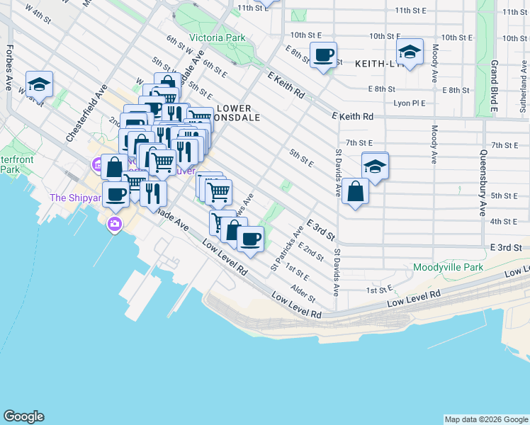 map of restaurants, bars, coffee shops, grocery stores, and more near 328 East 2nd Street in North Vancouver